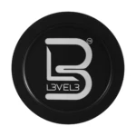 Tapa negra circular de gel para cabello L3VEL3 con el logotipo de la marca en letras blancas y estilizadas centradas sobre fondo negro mate.