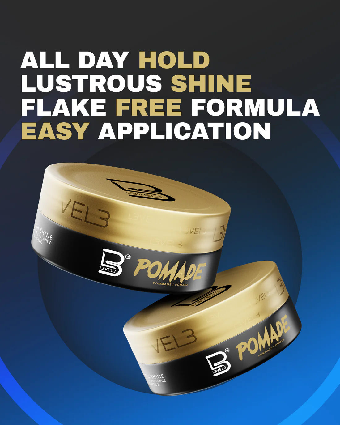 Dos envases circulares de pomada L3VEL3 con tapa dorada y base negra, flotando sobre fondo azul, resaltando su fijación firme y acabado brillante.