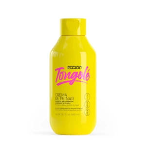 Envase amarillo de crema para peinar Pocion Tongolé, 450 ml, con letras rosadas, diseñado para definir y dar estilo a cabellos ondulados y rizados.