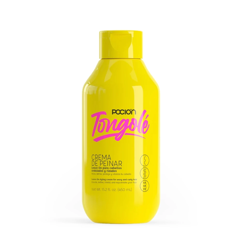 Envase amarillo de crema para peinar Pocion Tongolé, 450 ml, con letras rosadas, diseñado para definir y dar estilo a cabellos ondulados y rizados.
