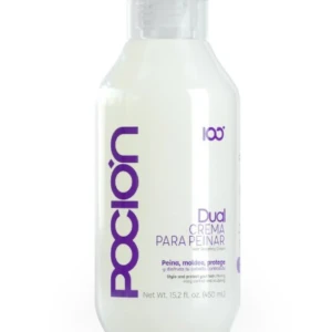 Crema para peinar Pocion Dual blanca con letras moradas, para estilizar y proteger el cabello.