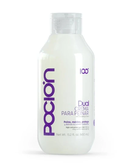 Crema para peinar Pocion Dual blanca con letras moradas, para estilizar y proteger el cabello.