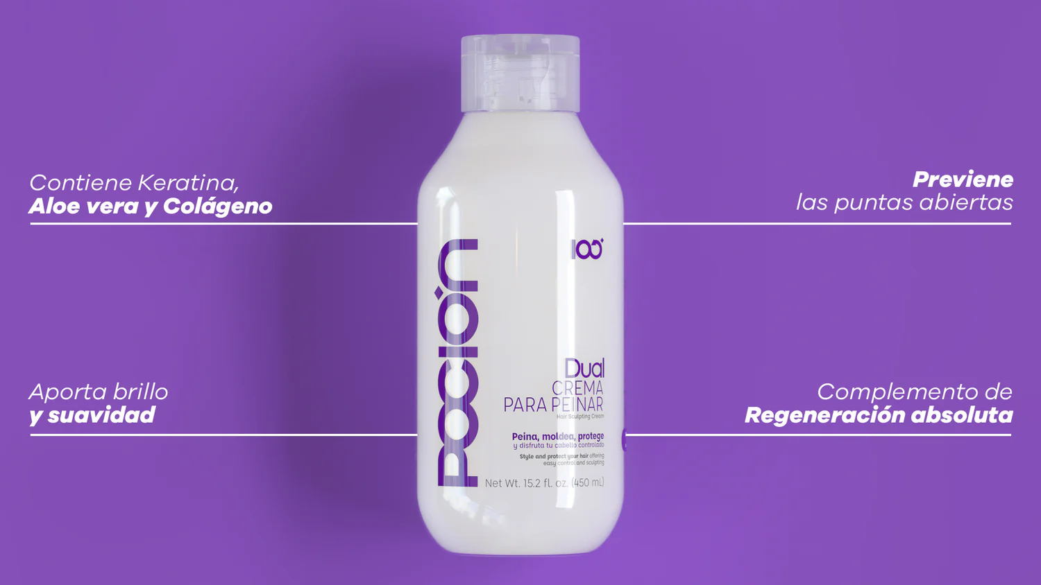 Envase blanco de crema para peinar Poción Dual de 450 ml, formulada con keratina, aloe vera y colágeno para dar brillo, suavidad y sellar puntas abiertas.