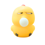 Pollito amarillo de silicona con expresión de enfado, globo blanco en la boca. Juguete para niños.
