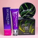 Combo de belleza con crema despigmentante Bioaqua en tubo morado y base CC Cushion Million Pauline con empaque negro y diseño de líneas verdes neón.