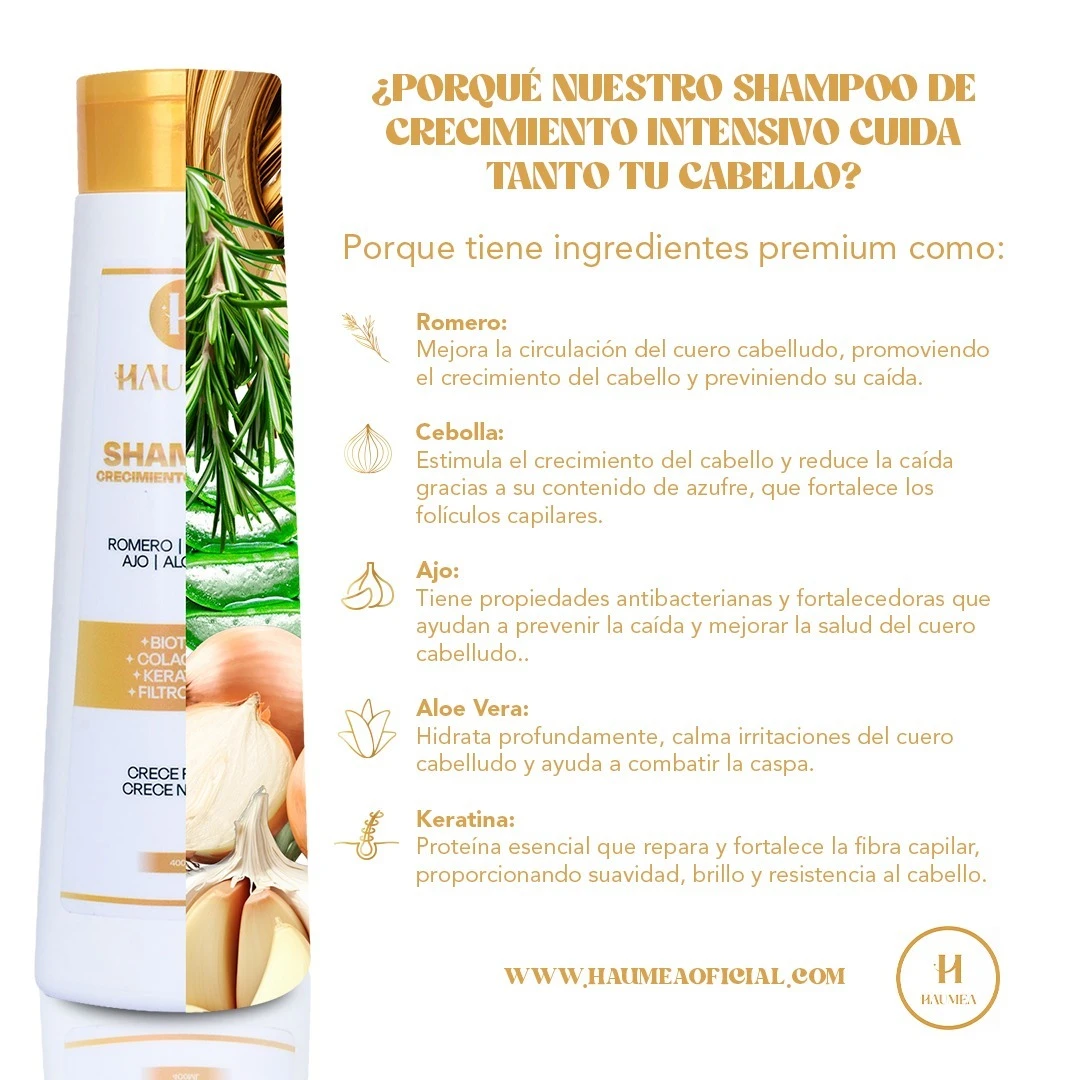 Shampoo Haumea crecimiento intensivo, con romero, cebolla, ajo, aloe vera y keratina. Incluye botella y corte de ingredientes.