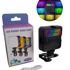 Luz led RGB para celular AY-83 con tripode, cable USB y paquete.