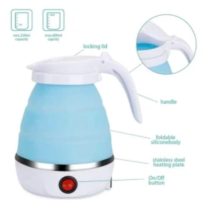 Hervidor de agua plegable azul con tapa de bloqueo, asa y base de acero inoxidable.