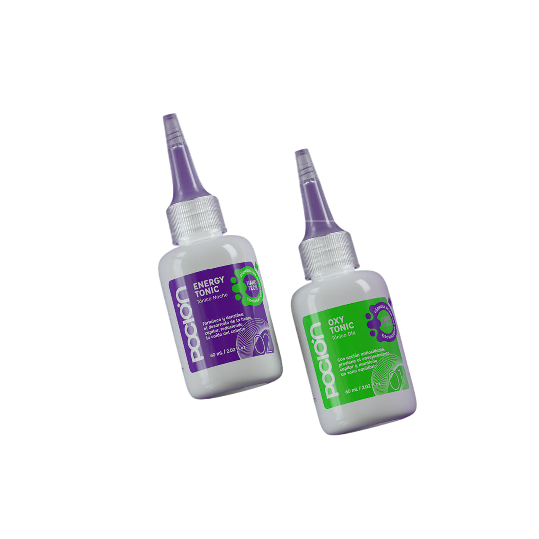 Dos envases de 60 ml con aplicador tipo punta: Energy Tonic morado para noche y Oxy Tonic verde para día, especializados en fortalecimiento capilar.