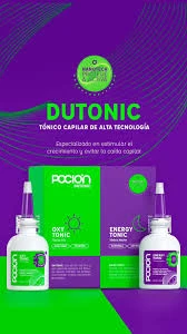 Dutonic tónico capilar, dúo de lociones Oxy y Energy Tonics, estimulan crecimiento y evitan caída, envases blancos con etiquetas verdes y púrpuras.