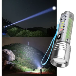 Linterna potente transparente con LED blanco y verde, ideal para exteriores, con zoom visible.