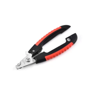 Cortauñas para mascotas tipo alicate, metal y mangos ergonómicos rojo y negro.