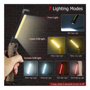 Linterna recargable LED magnética con 7 modos de luz: frontal, COB interna y externa en blanco, amarillo y rojo.