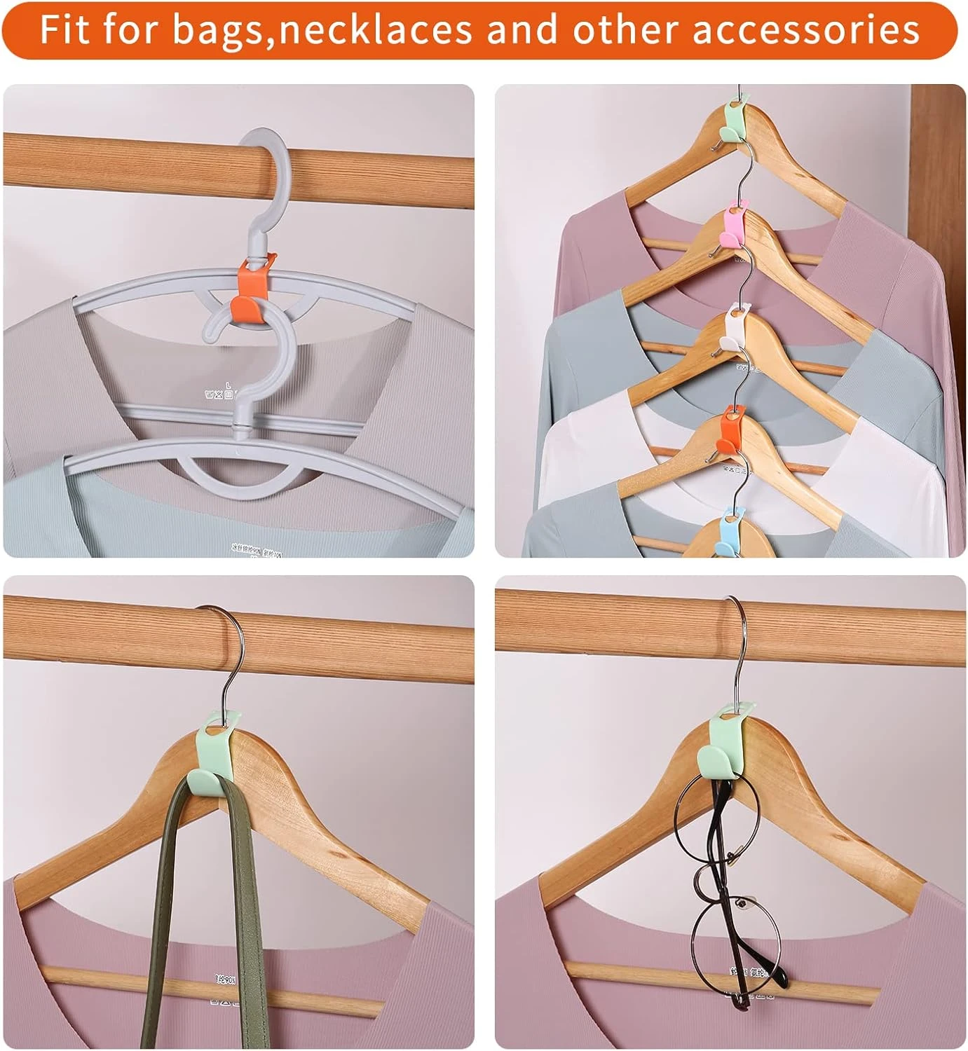 Conectores de gancho para colgar ropa en varios colores, ideal para organizar accesorios como bolsos y gafas.