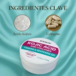 Gel reafirmante y aclarante Kórmesic de 300g sobre fondo azul con extractos de ácido kójico y colágeno ilustrados en la parte superior.