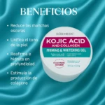 Gel reafirmante y aclarante Kórmesic de 300g sobre fondo azul satinado, con lista de beneficios que incluyen reducción de manchas y producción de colágeno.