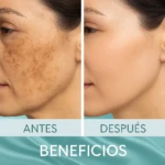 Comparativa de rostro antes y después de aplicar el Gel Reafirmante y Aclarante, mostrando una visible reducción de manchas y mejoría en la textura cutánea.
