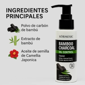 Botella de limpiador facial Kormesic Bamboo Charcoal Oil Control con ingredientes principales en español.