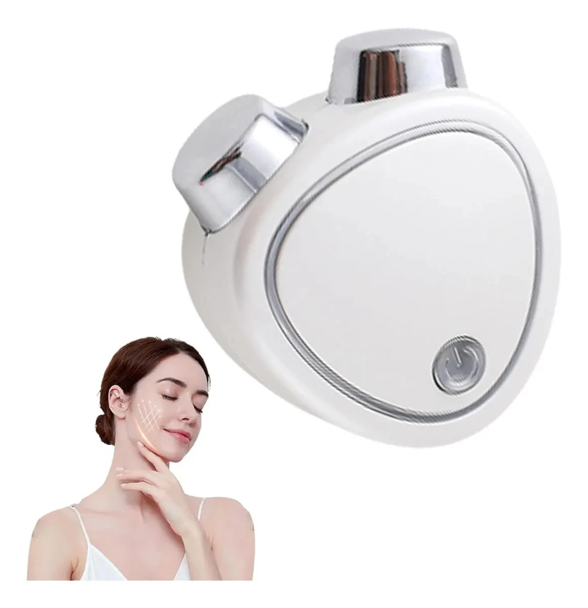 Dispositivo blanco para gimnasia facial con electroestimulación y acabado cromado.