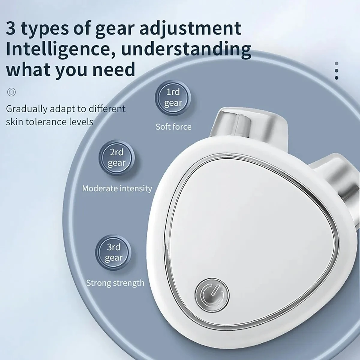 Estimulador electro facial blanco con 3 niveles de intensidad: suave, moderada y fuerte.