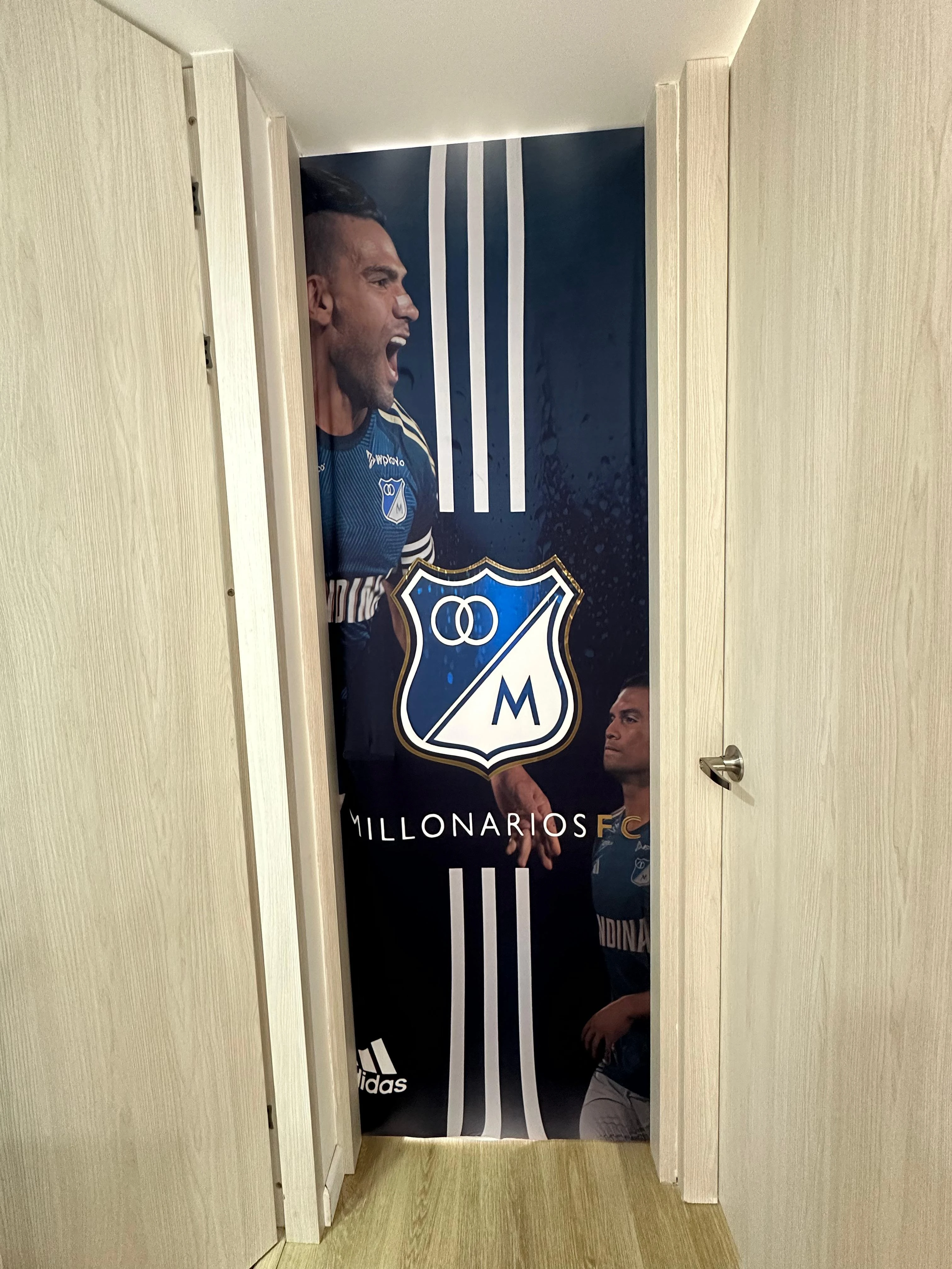 Funda decorativa para puerta, azul y blanco, con escudo del Millonarios FC y futbolistas.