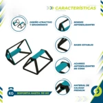 Soportes para flexiones con mangos ergonómicos azules y bases negras antideslizantes, soportan hasta 110 kg.