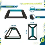 Soporte para flexiones V2 Pbold en negro y verde. Incluye información de material (Goma, ABS) y medidas 7x4.5x11x19 cm.