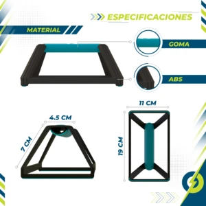 Soporte para flexiones V2 Pbold en negro y verde. Incluye información de material (Goma, ABS) y medidas 7x4.5x11x19 cm.