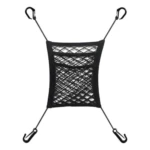 Bolsa de malla elástica negra universal para carro con ganchos de sujeción, ideal para organizar objetos.