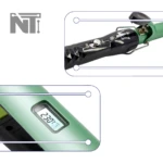 Set de plancha y rizadora color verde aguacate; la rizadora tiene niveles de 180 y 210 grados y la plancha muestra pantalla digital con 230 grados.