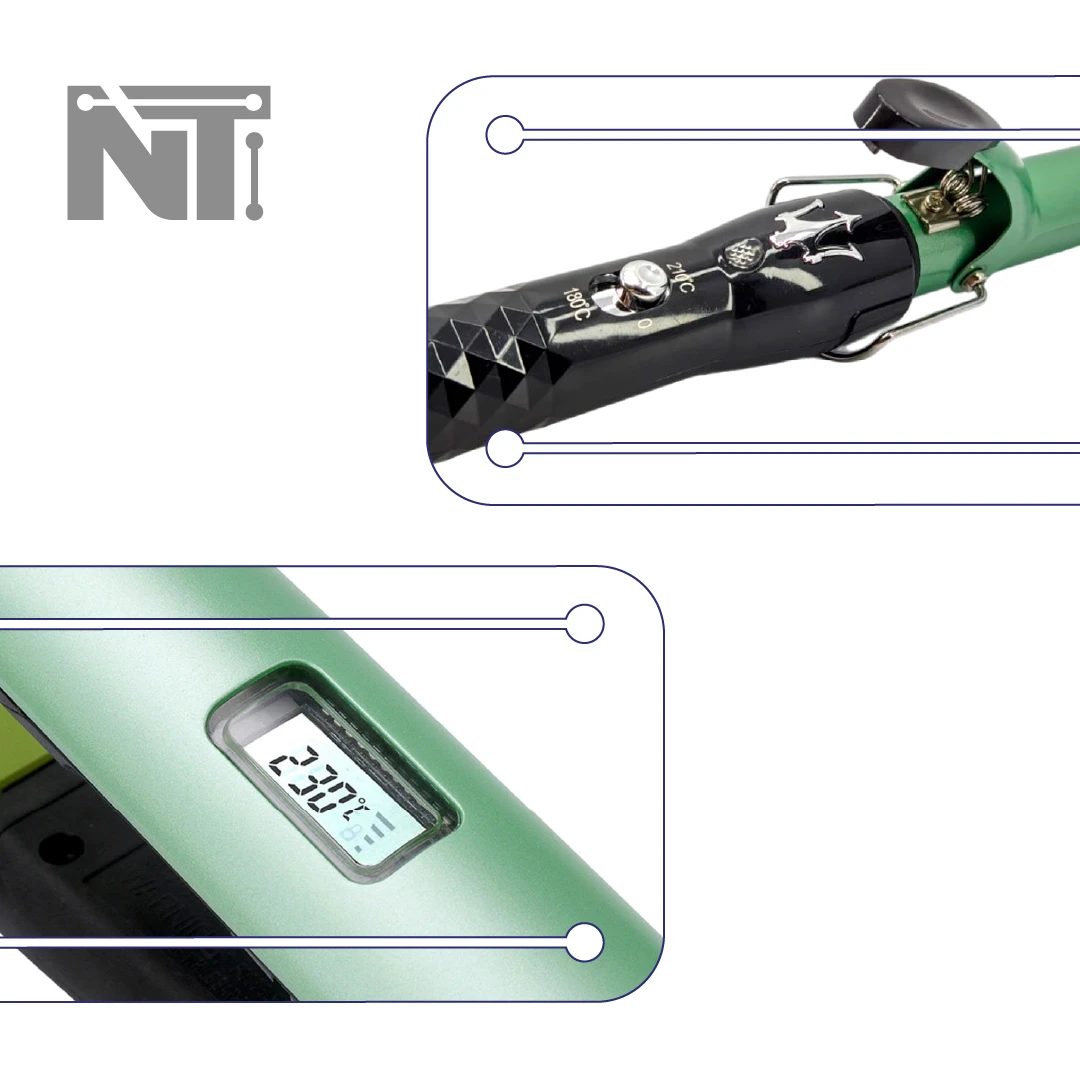 Set de plancha y rizadora color verde aguacate; la rizadora tiene niveles de 180 y 210 grados y la plancha muestra pantalla digital con 230 grados.