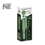 Set Remington 2 en 1 con plancha y rizadora color verde menta, empaque vertical que destaca tecnología de aceite de aguacate y placas con pantalla digital.