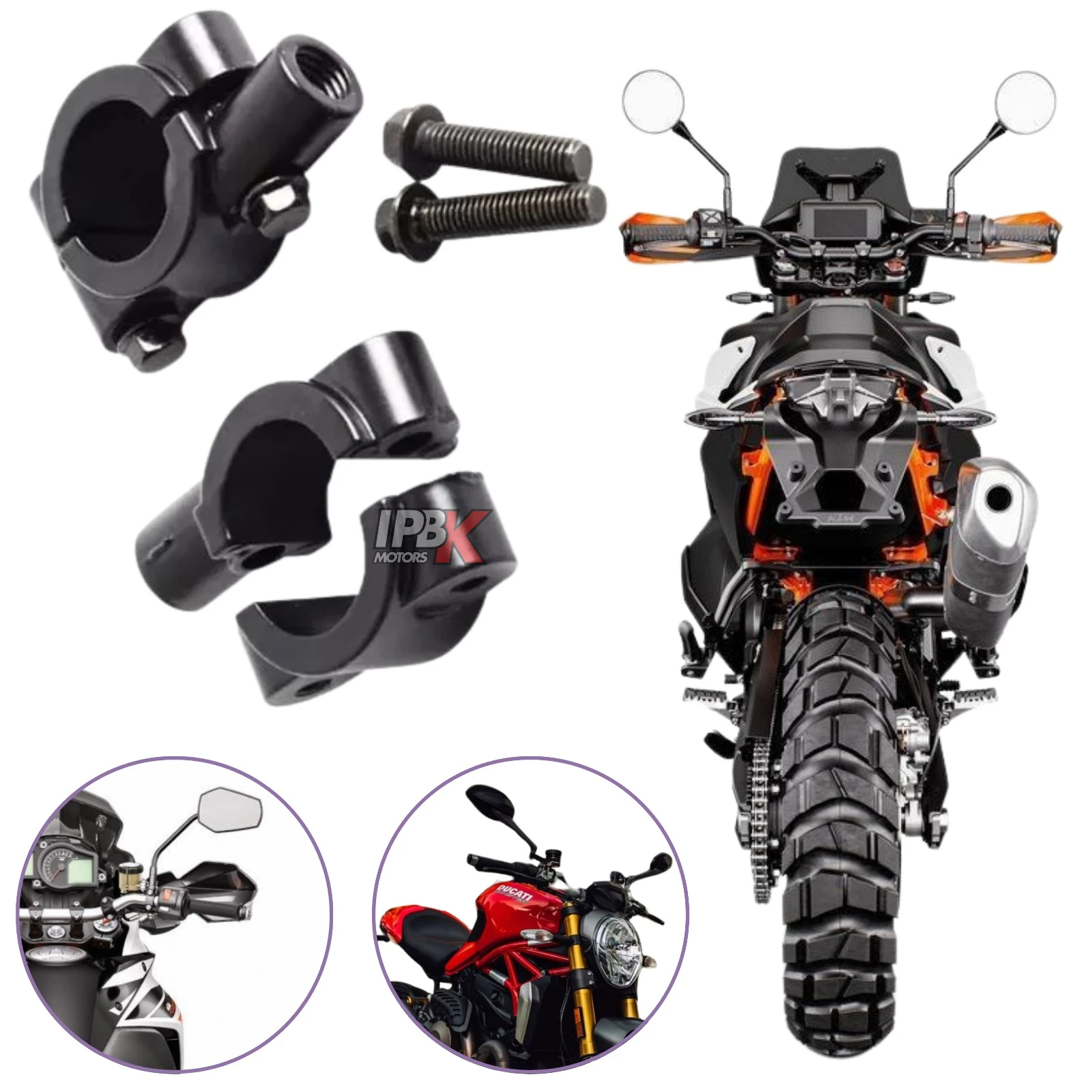 Bases para espejos de moto en negro, con tornillos y detalle de logo IPBK Motors.