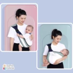 Set x2 fulares portabebés, uno azul/verde con bebé despierto, otro con bebé dormido.