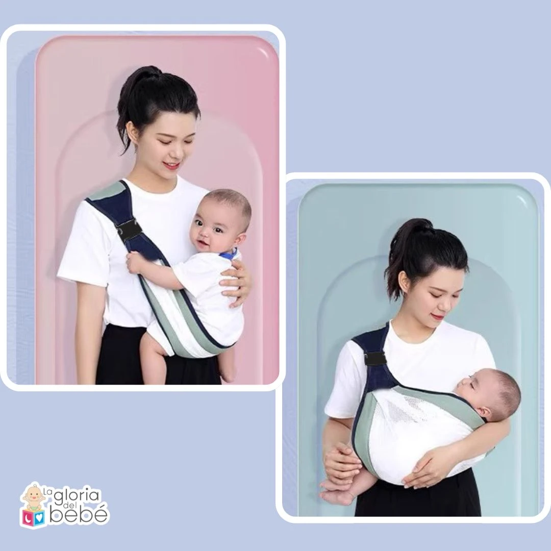 Set x2 fulares portabebés, uno azul/verde con bebé despierto, otro con bebé dormido.