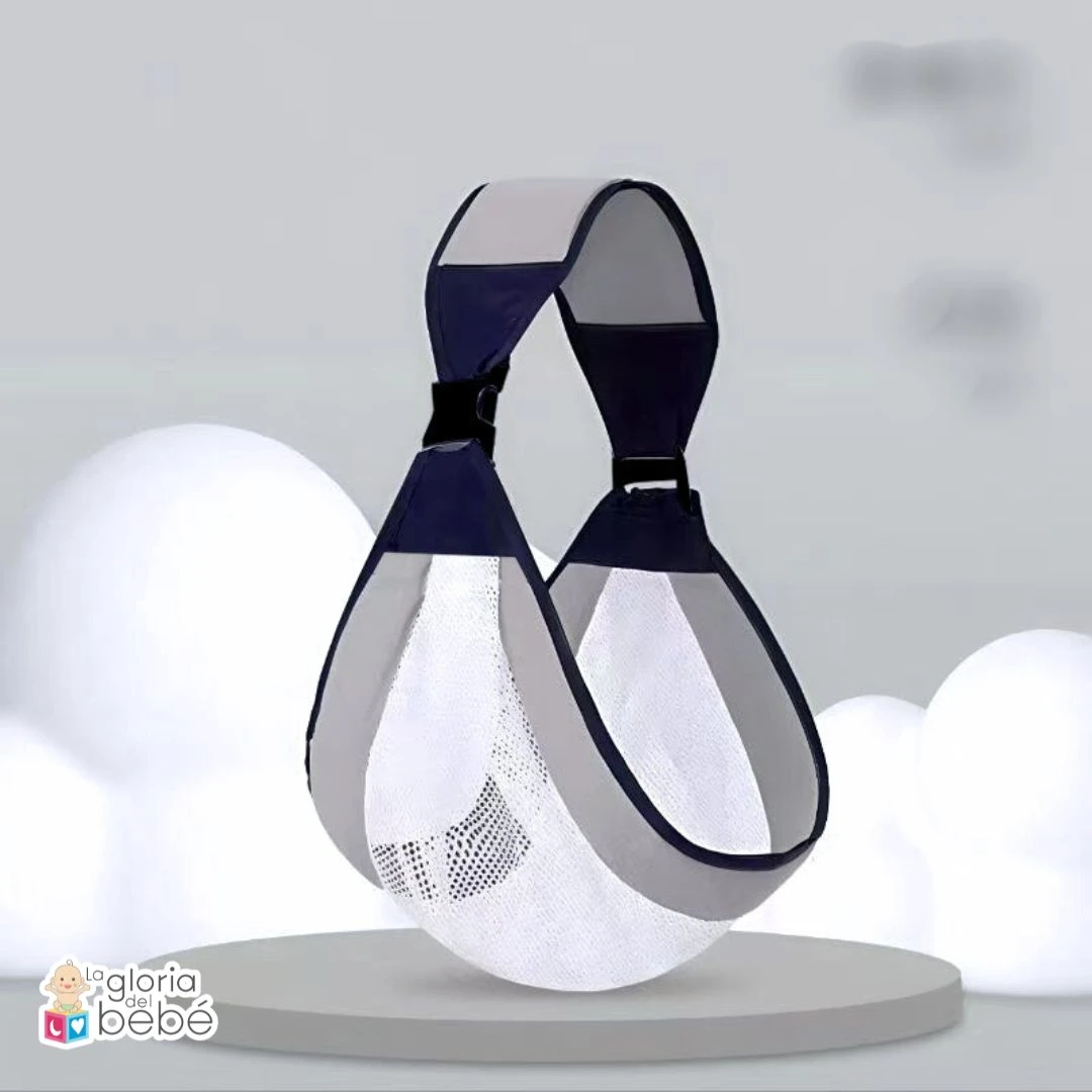 Fular portabebé de malla transpirable azul marino y gris, ideal para recién nacidos.