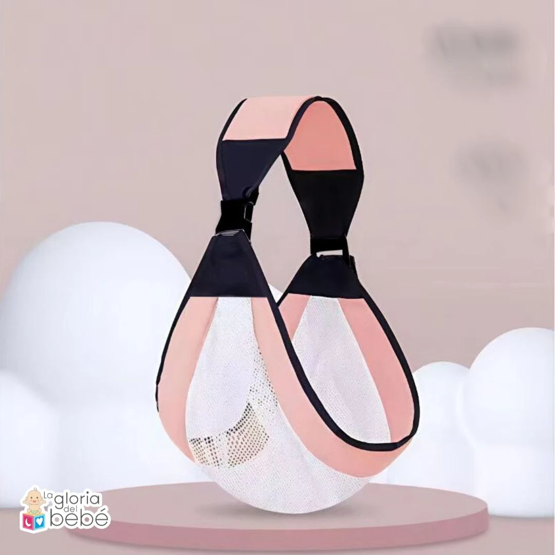 Fular portabebé rosa y blanco con malla transpirable, ideal para llevar a tu bebé cómodamente.