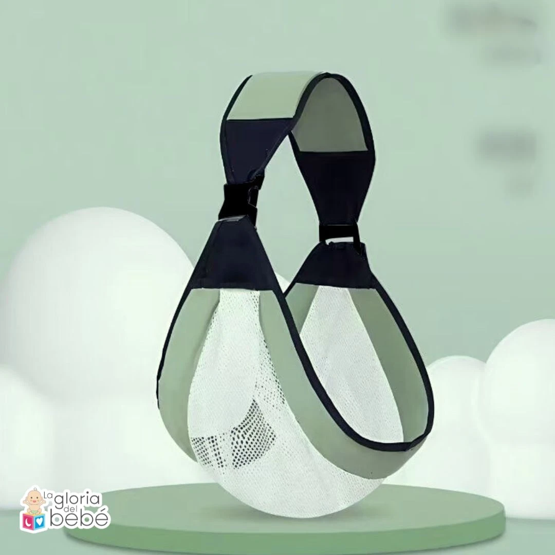 Fular portabebé ergonómico color verde y negro, con malla transpirable, ideal para recién nacidos.