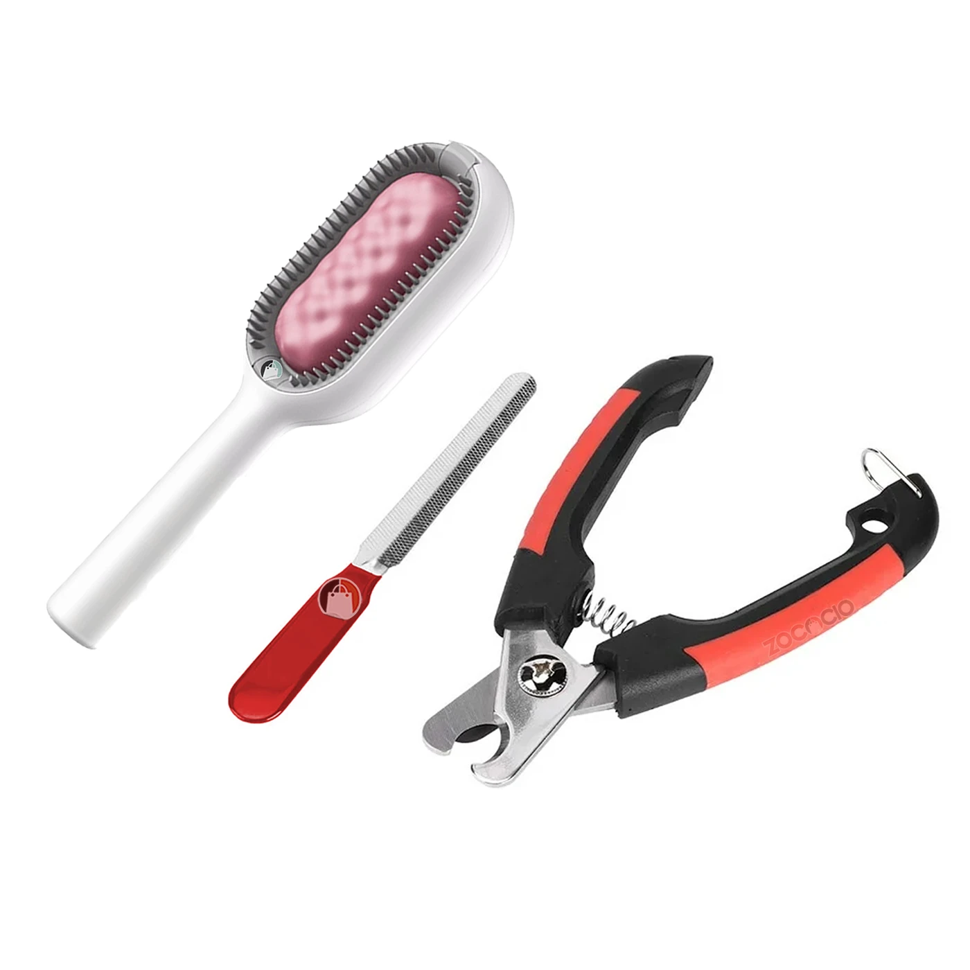 Set para mascotas: cortaúñas rojo y negro, lima de uñas y cepillo blanco con cerdas grises.