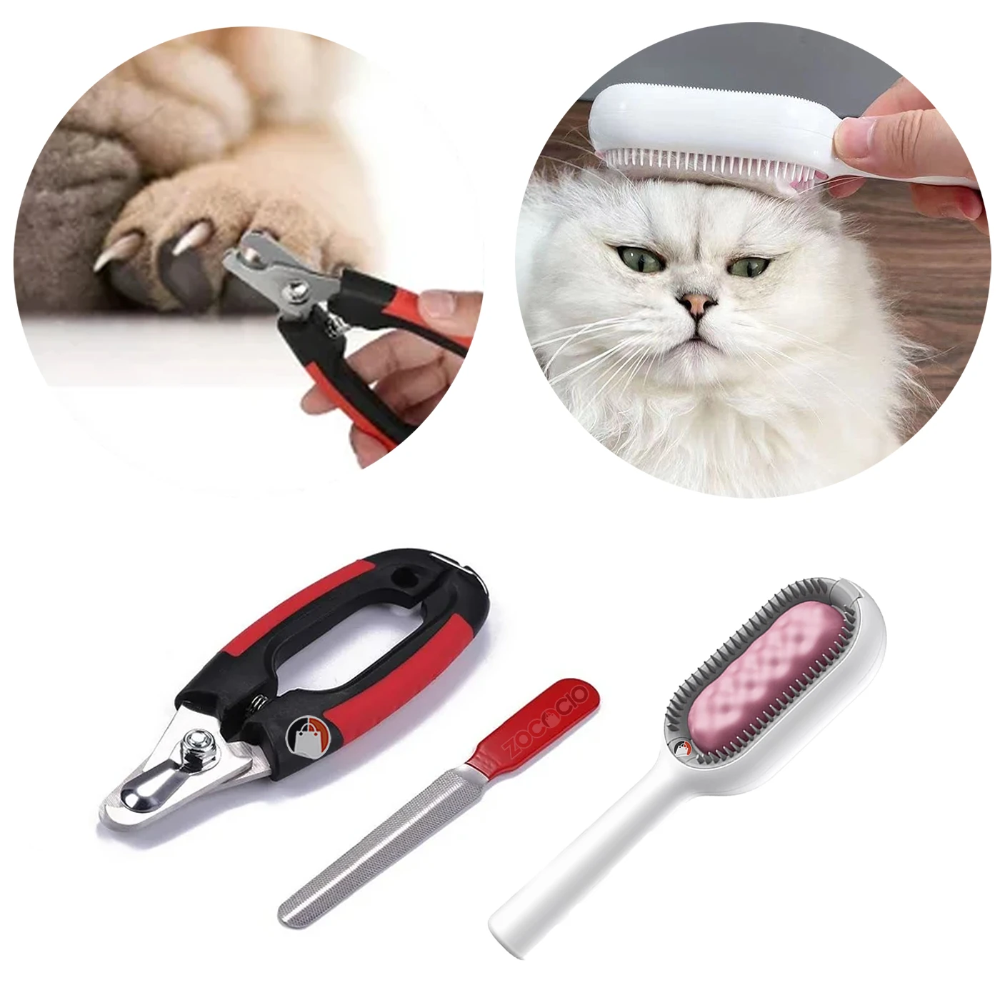 Set de cortaúñas y lima para mascotas, y cepillo blanco para mascotas con cerdas rosadas.