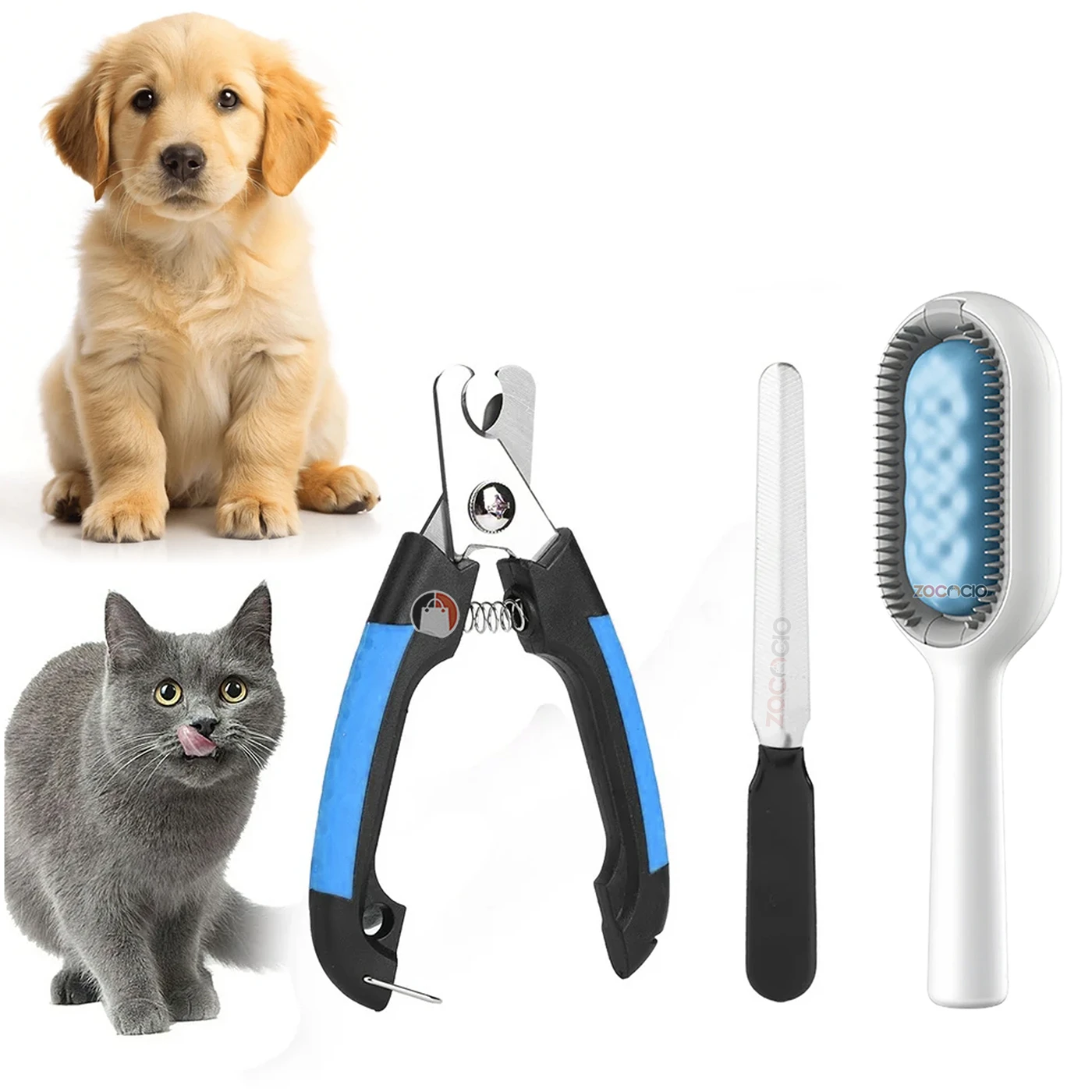 Kit para mascotas: cortaúñas y lima con cepillo, ideal para perros y gatos.