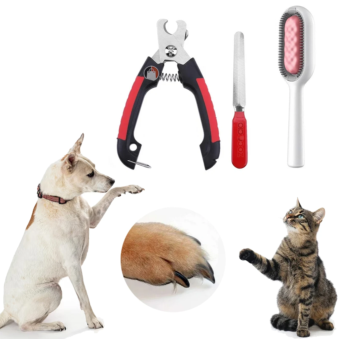 Kit para mascotas con cortaúñas y lima para uñas de perro, cepillo para gato y detalle de pata.