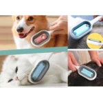Cepillo quita pelo para mascotas: un cachorro Corgi y un gato blanco, con mango blanco y cepillo azul.