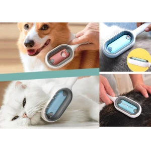 Cepillo quita pelo para mascotas: un cachorro Corgi y un gato blanco, con mango blanco y cepillo azul.