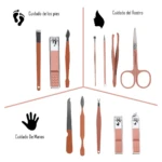Set de manicura y pedicura X12 piezas, color cobre, para cuidado de manos, pies y rostro.