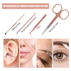 Set de herramientas para el cuidado facial: palillo de oreja, pinzas para acné, pinza y tijeras para cejas.