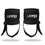 Tobilleras negras con logo blanco "LAVEF" y correa para polea, ideal para ejercicios.