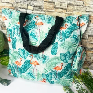 Set x2 bolsa reutilizable Bmcp02 plegable con diseño de flamencos y hojas tropicales, asas negras.