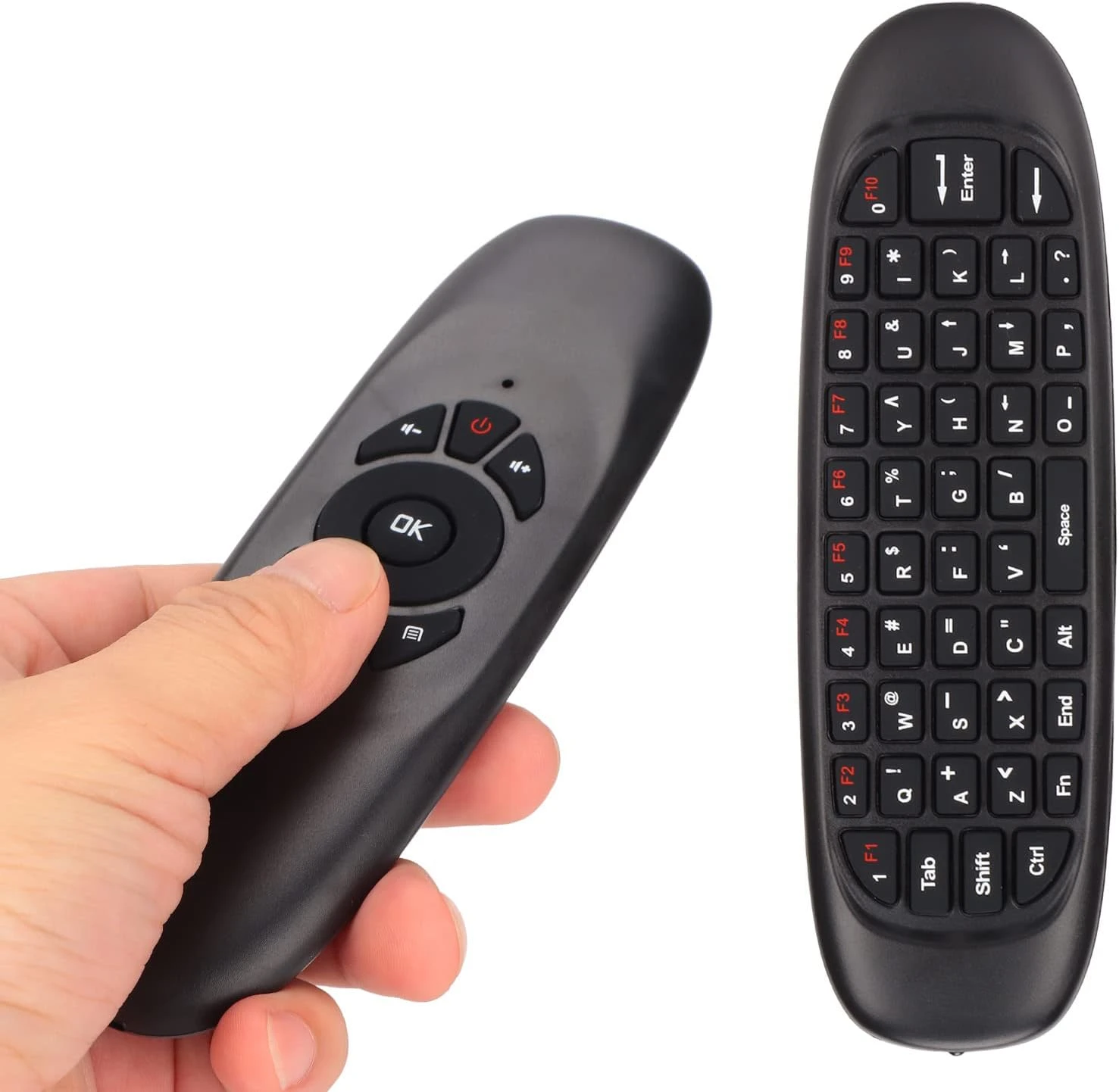 Control remoto Air Mouse Smart TV negro, con teclado QWERTY y botones de navegación.