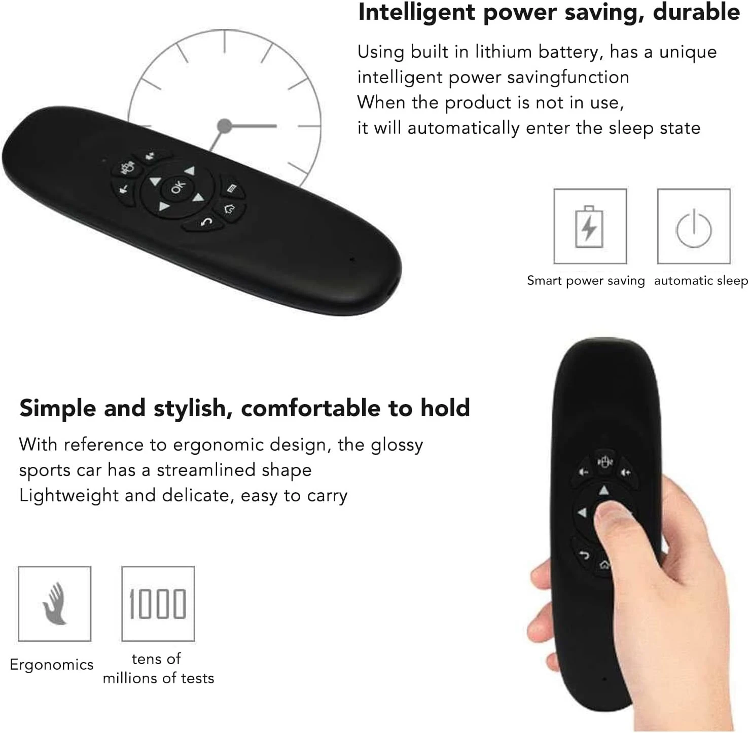 Control remoto Air Mouse negro para Smart TV, con diseño ergonómico, descrito como inteligente y duradero.
